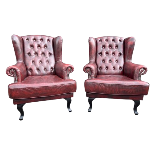 2   Rundleren Chesterfield Oorfauteuil Antiek Rood