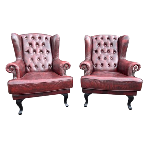 2   Rundleren Chesterfield Oorfauteuil Antiek Rood