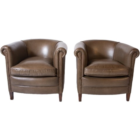 2 X Chesterfield Clubfauteuils Taupe Leer Met Nagels