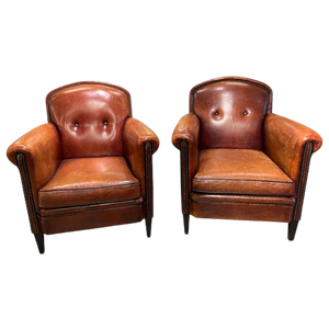 2 X Schapenleren Clubfauteuils Art Deco Stijl Lounge Atelier Cognac