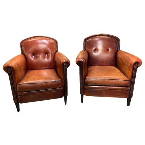 2 X Schapenleren Clubfauteuils Art Deco Stijl Lounge Atelier Cognac