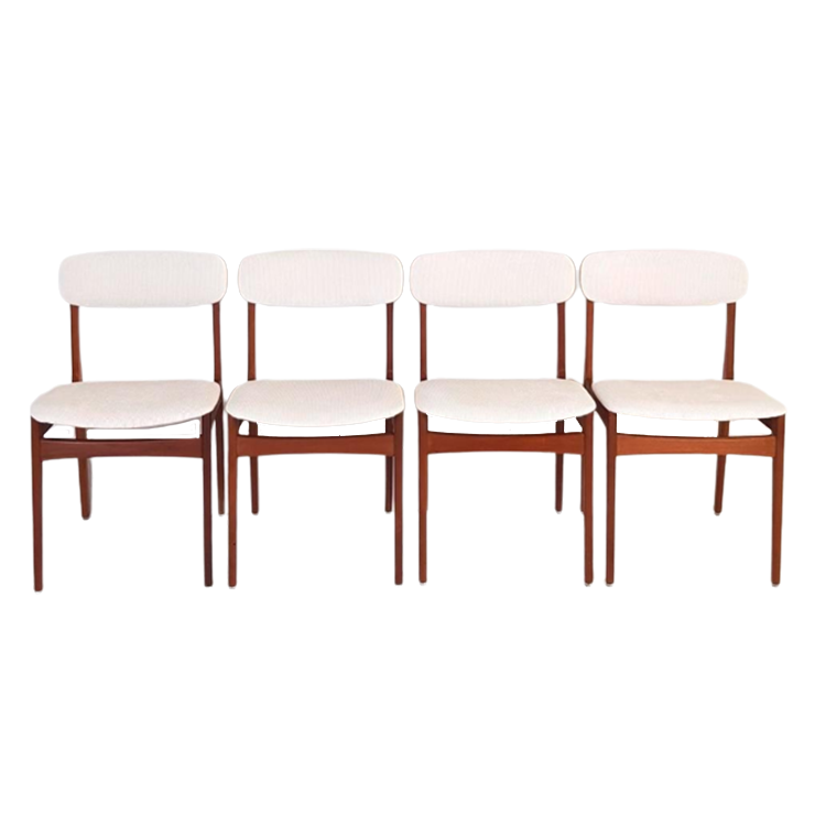 * 6 Deense Teak Houten Eettafel Stoelen Off White Stof Nieuw Prijs/Set