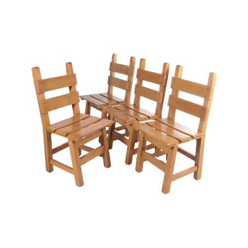 Brutalistische Set Van 4 Stoere Houten Stoelen 1980