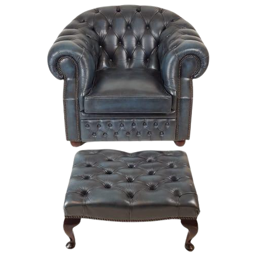 * Chesterfield Fauteuil Met Hocker Klassiek Blauw