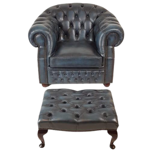 * Chesterfield Fauteuil Met Hocker Klassiek Blauw