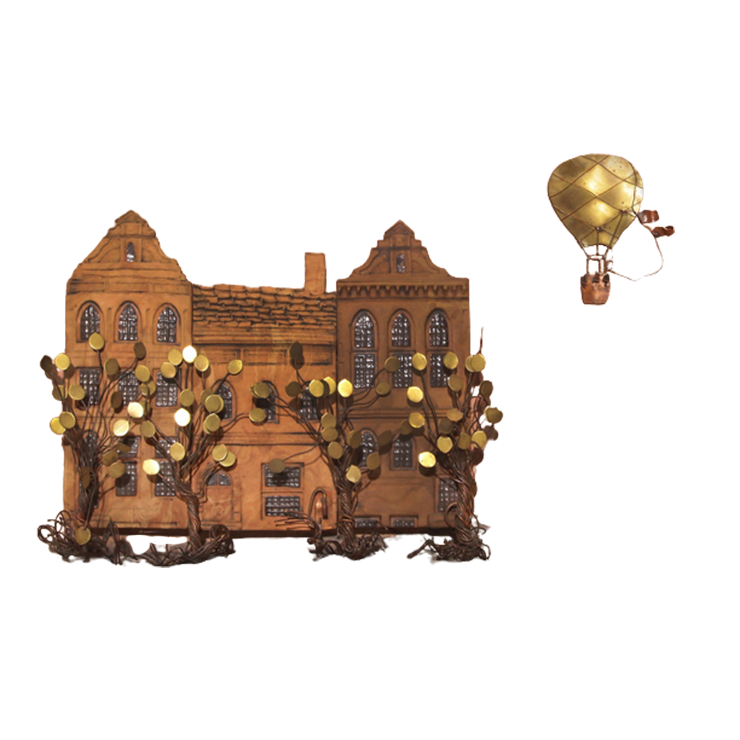 Daniel D Haeseleer Wall Sculpture Ceramic House With Copper Trees Air Balloon