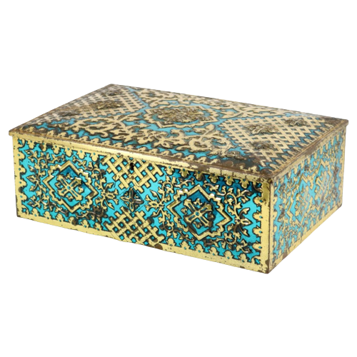 Grote Oude Karaktervolle Blikken Doos Turquoise Goud Reliëf 39Cm