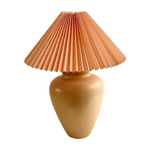 Grote Terracotta Lamp Met Perzik Plisse Kap