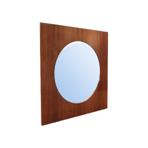 Large Teak Wooden Mirror, Round With A Square Frame, 1960S.