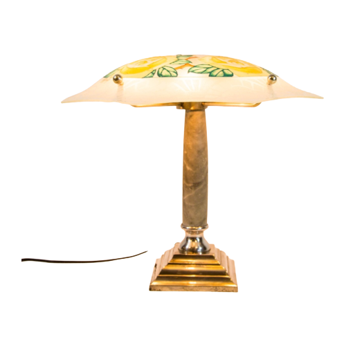 Loys Lucha Table Lamp | Enameled Glass | Classic Art Deco | Brass Frame | Vintage 1930'S