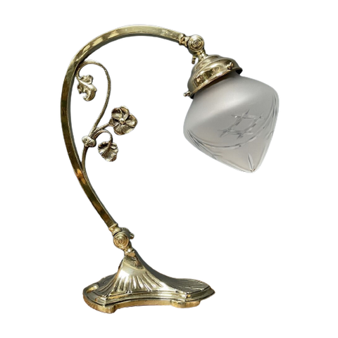 Messing Art Nouveau Bureaulamp Met Geslepen Glazen Kap