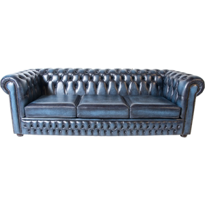 Originele Engelse Xl Chesterfield 3 Zits Bank Antiek Blauw