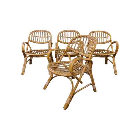 Prachtige Set Van 4 Rotan Dining/ Lounge Chairs Met Armleuningen