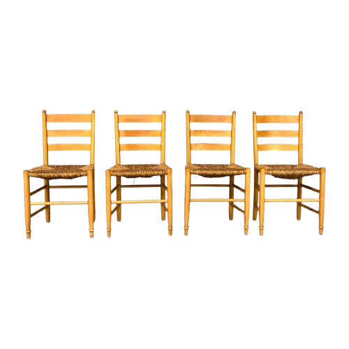 Rustic Ladder Chairs Pinewood & Rattan Set/4