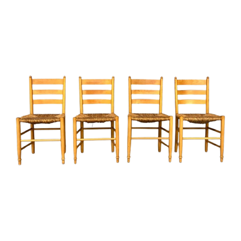 Rustic Ladder Chairs Pinewood & Rattan Set/4