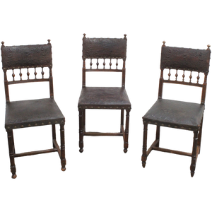 Set Of 3 Renaissance Chairs In Oak And Embossed Leather, 19Th Century, Belgium Prijs/Set