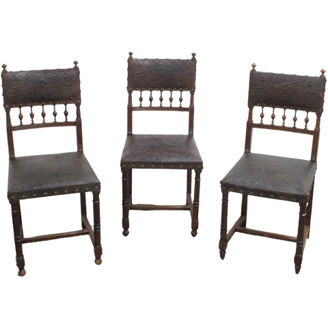 Set Of 3 Renaissance Chairs In Oak And Embossed Leather, 19Th Century, Belgium Prijs/Set