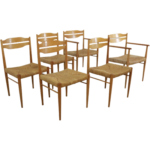 Set Van 6 Eetkamerstoelen Met Rattan "Flechtheims"