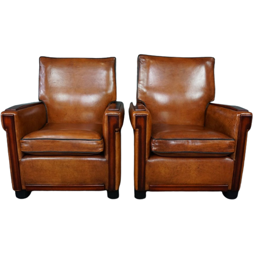 Zeer Unieke Set Schapenleren Artdeco Fauteuils, Nieuw Bekleed